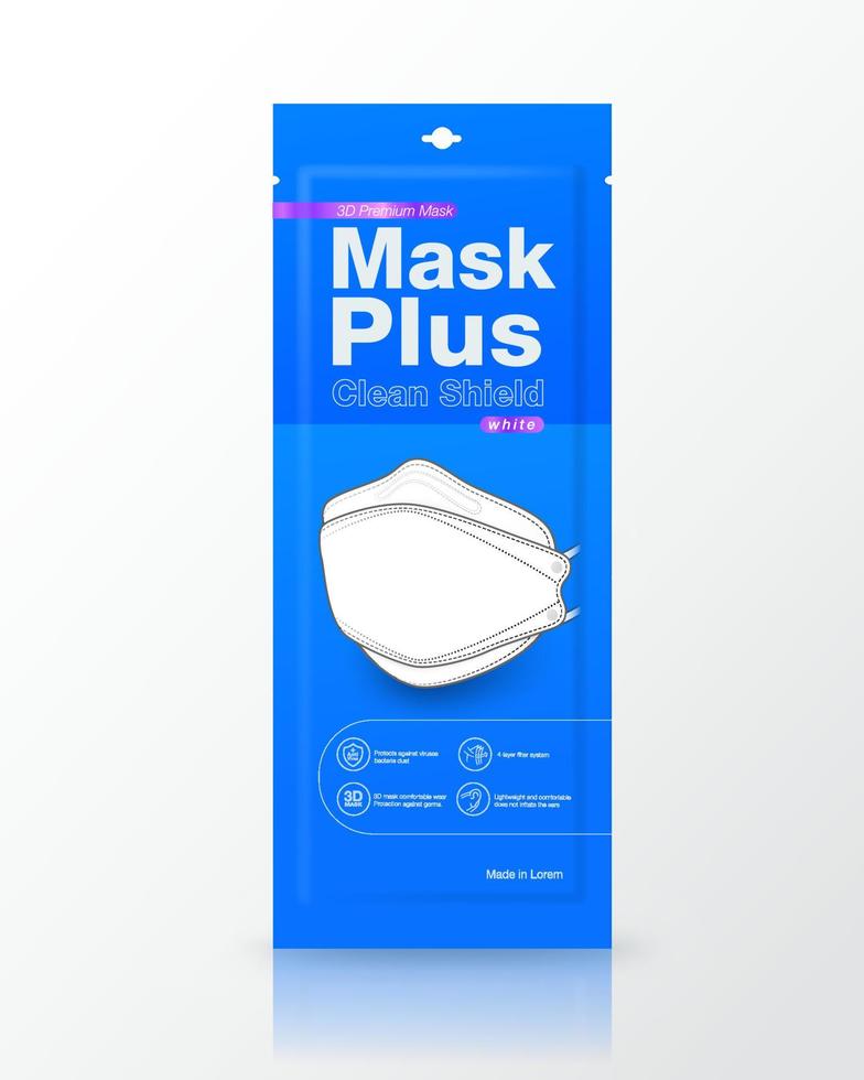 påse blå förpackning medicinska masker 3d-form. förpackningsstorlek 1 st. mockup isolerad på vit bakgrund. realistisk fil. vektor