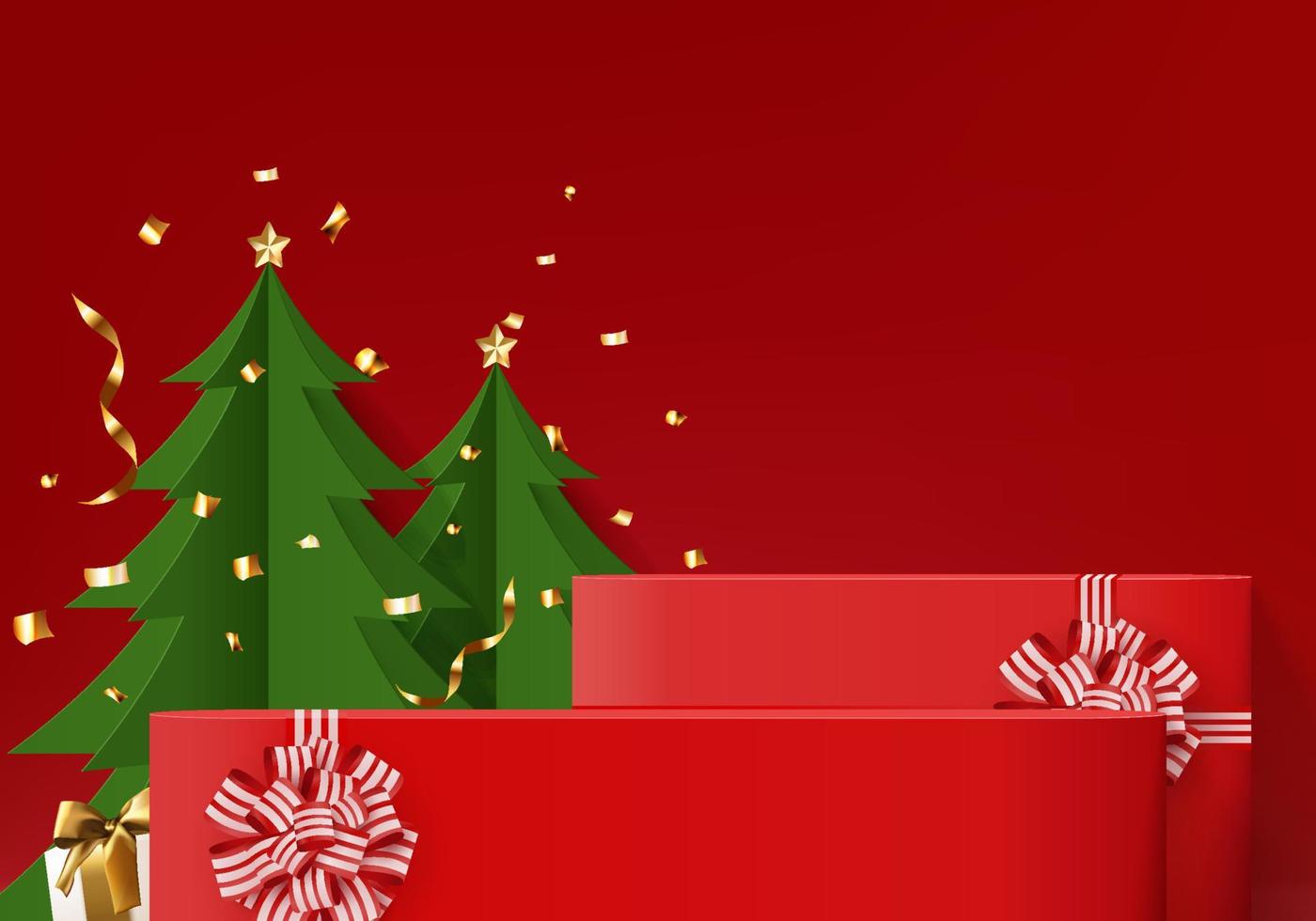 3D-bakgrund presentask med röd rosett display produkt för jul. produkt display bakgrund vektor 3d rendering med minimal podium studio. stå för kosmetika på röd presentförpackning på nyårsdagen