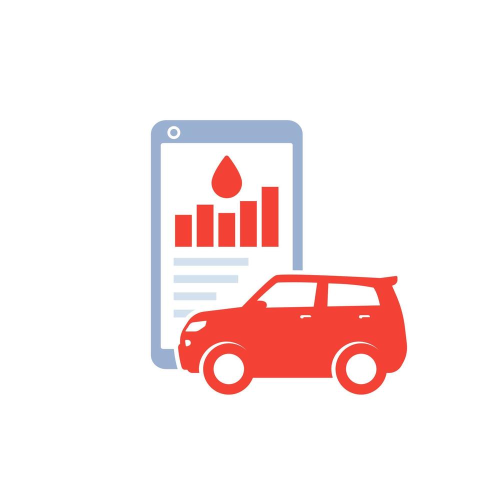 Kraftstoffverbrauch in App, Vektorsymbol mit Geländewagen und Telefon vektor