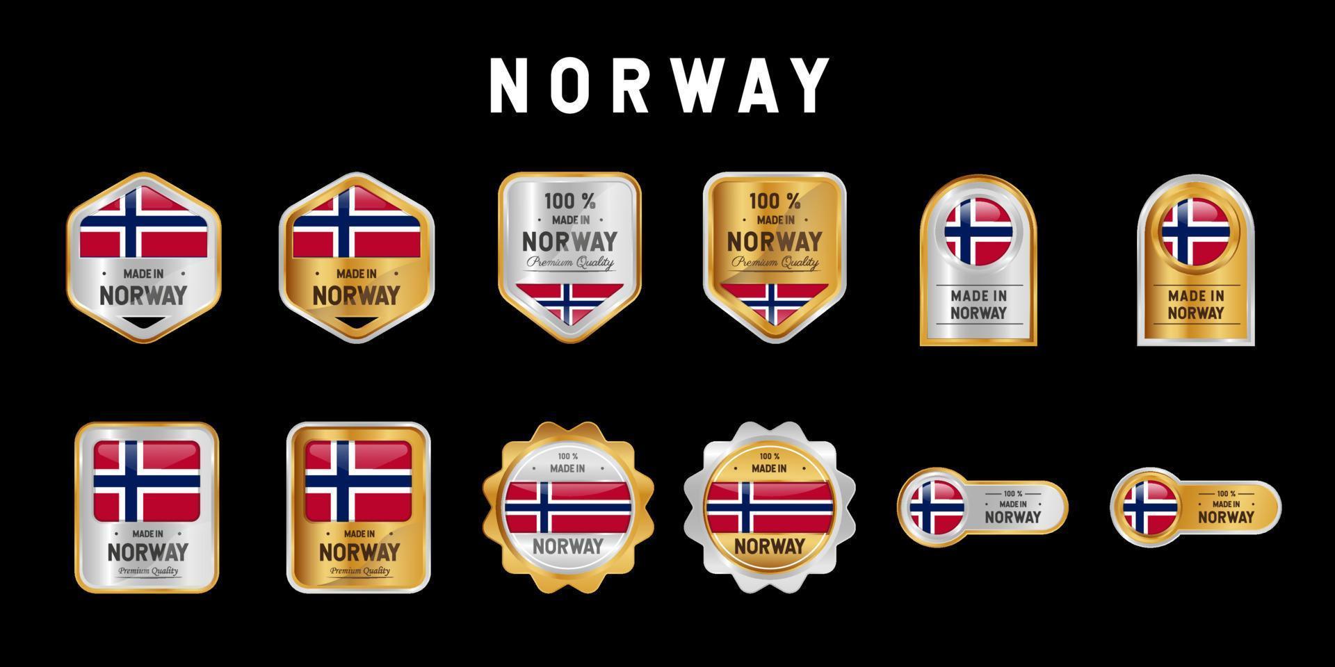 Hergestellt in Norwegen Etikett, Stempel, Abzeichen oder Logo. mit der Nationalflagge von Norwegen. auf Platin-, Gold- und Silberfarben. Premium- und Luxusemblem vektor