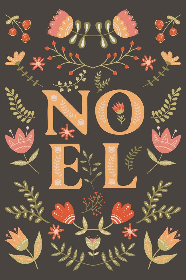 noel. god Jul. vektorillustration i folklig stil med blommotiv. vektor