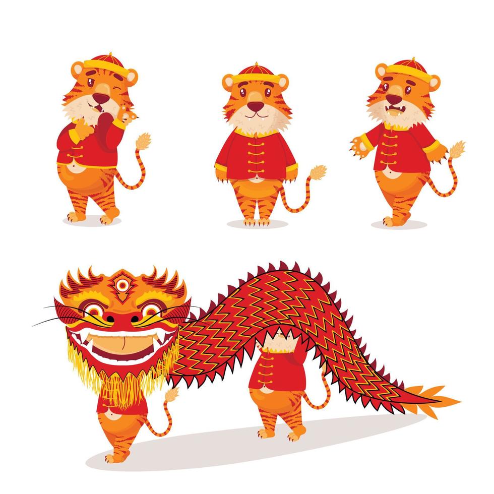 uppsättning röda kinesiska tigrar i nyårskostymer med lyktor och drakar i tecknad stil. symbol 2022 vektor