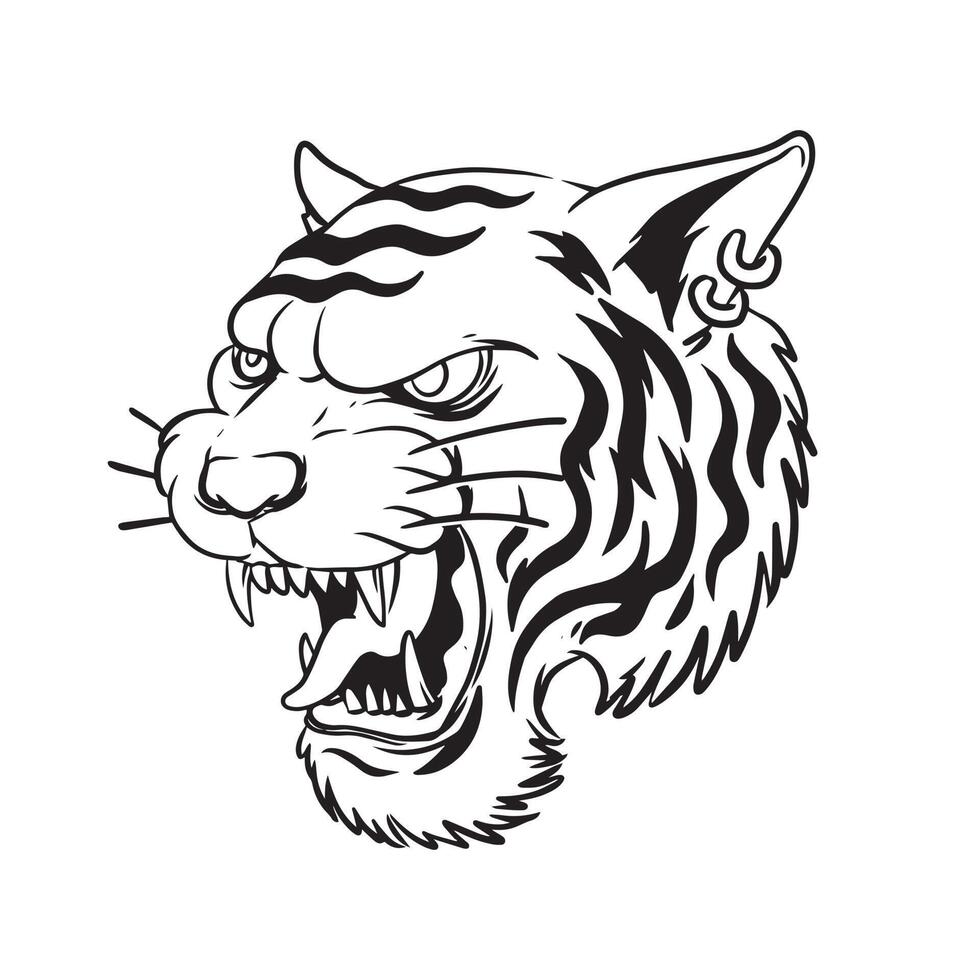 ein knurrender Tiger von der Seite. eine handgezeichnete Illustration eines wilden Tierkopfes. Strichzeichnungen für Emblem, Poster, Aufkleber, Tätowierung usw. vektor