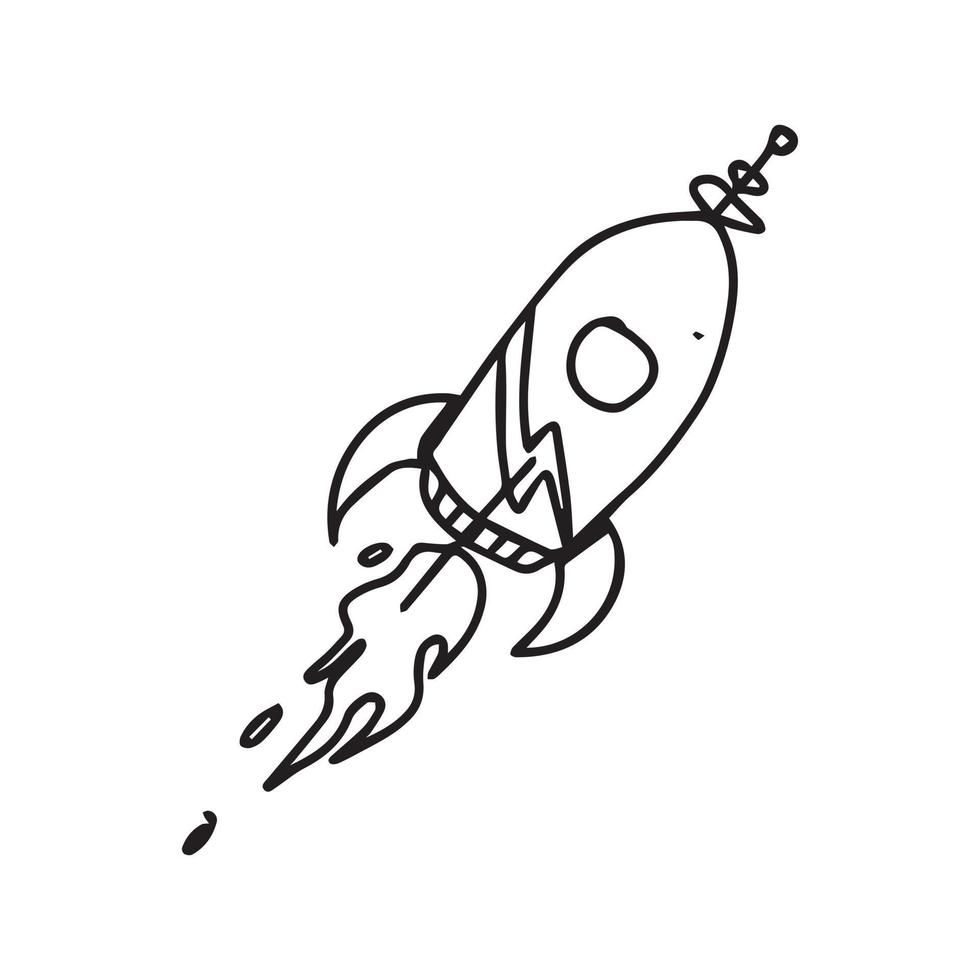 en raketillustration i ofärgad kontur. enkel handritad ritning av ett enda utrymmesobjekt. en doodle vektor isolerad på vitt för yttre rymden tema design.