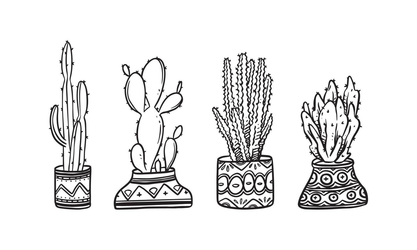 uppsättning av krukväxt handritad vektorillustration, växtisolerade grafiska element för design, kaktusväxtillustration för att skapa romantisk eller vintage design. vektor