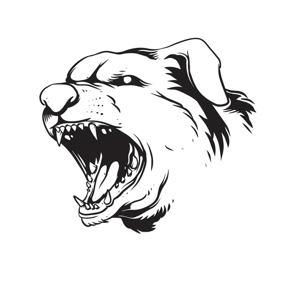 ein wütend bellendes Hundegesicht. eine handgezeichnete Illustration eines wilden Tierkopfes. Strichzeichnungen für Emblem, Poster, Aufkleber, Tätowierung usw. vektor