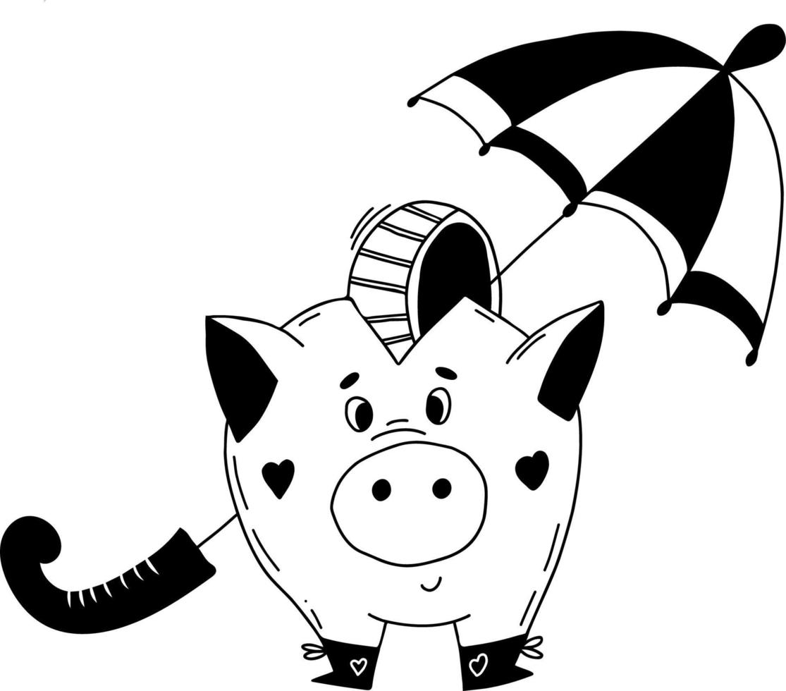 söt gris spargris under ett paraply. vektor illustration. hand doodle element för design och inredning