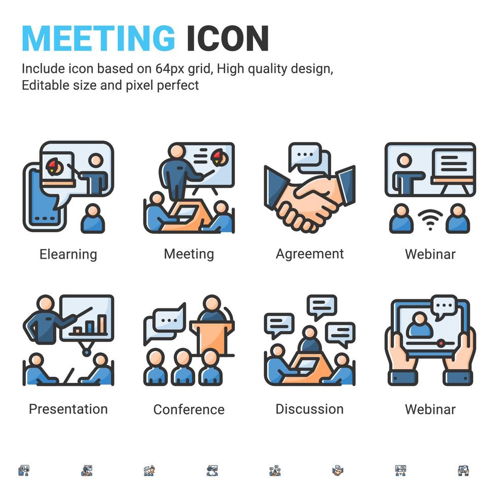 vektor kontur ikoner om möte med kontur färg stil isolerad på vit bakgrund. ikon konferens, presentation, webbseminarium, kontor och coworking tecken symbol koncept för företag. redigerbar linje