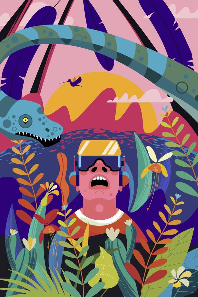 virtuelle Realität. der Mann mit der Brille der virtuellen Realität im Dschungel des Mesozoikums zwischen Dinosauriern und tropischen Pflanzen. vektor