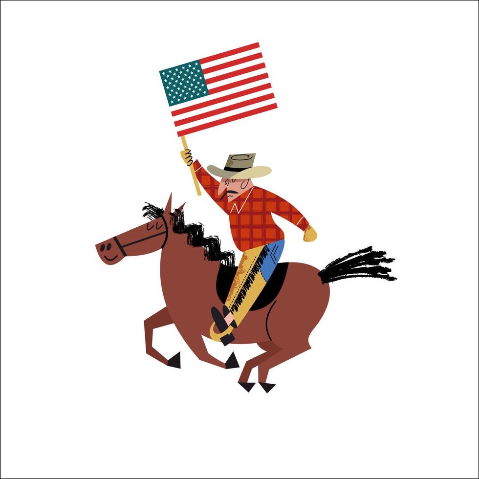 cowboy som rider på en häst med en amerikansk flagga i handen. vektor illustration.