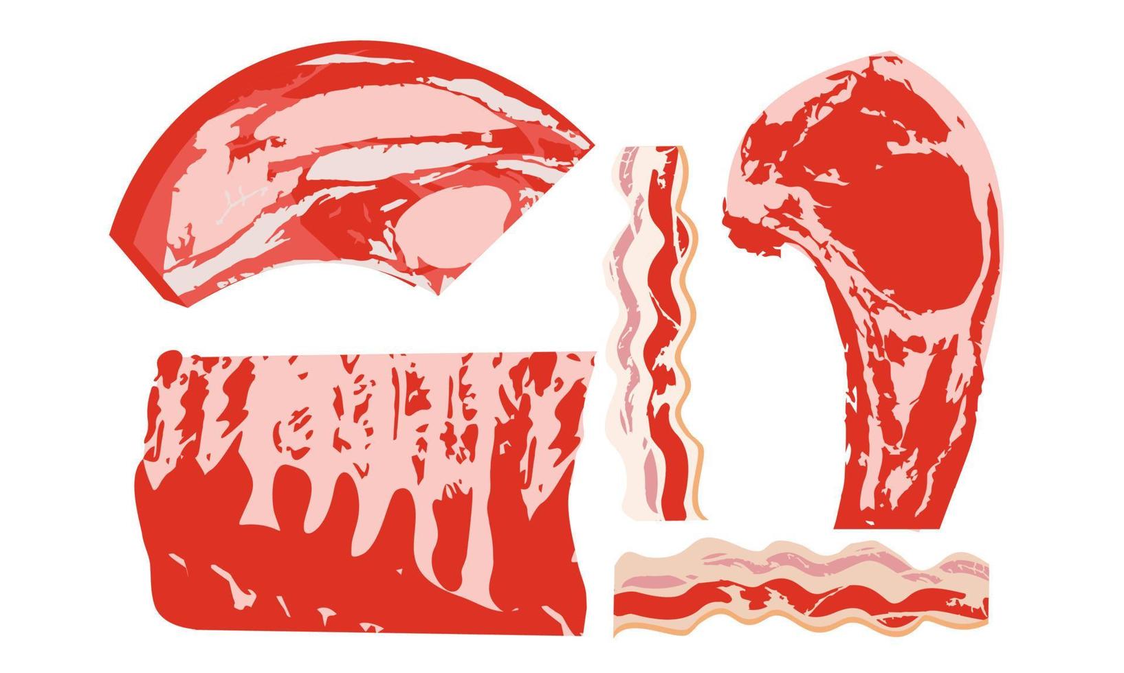 uppsättning färska köttprodukter. vektor illustration. entrecote, revbensspjäll, bacon.