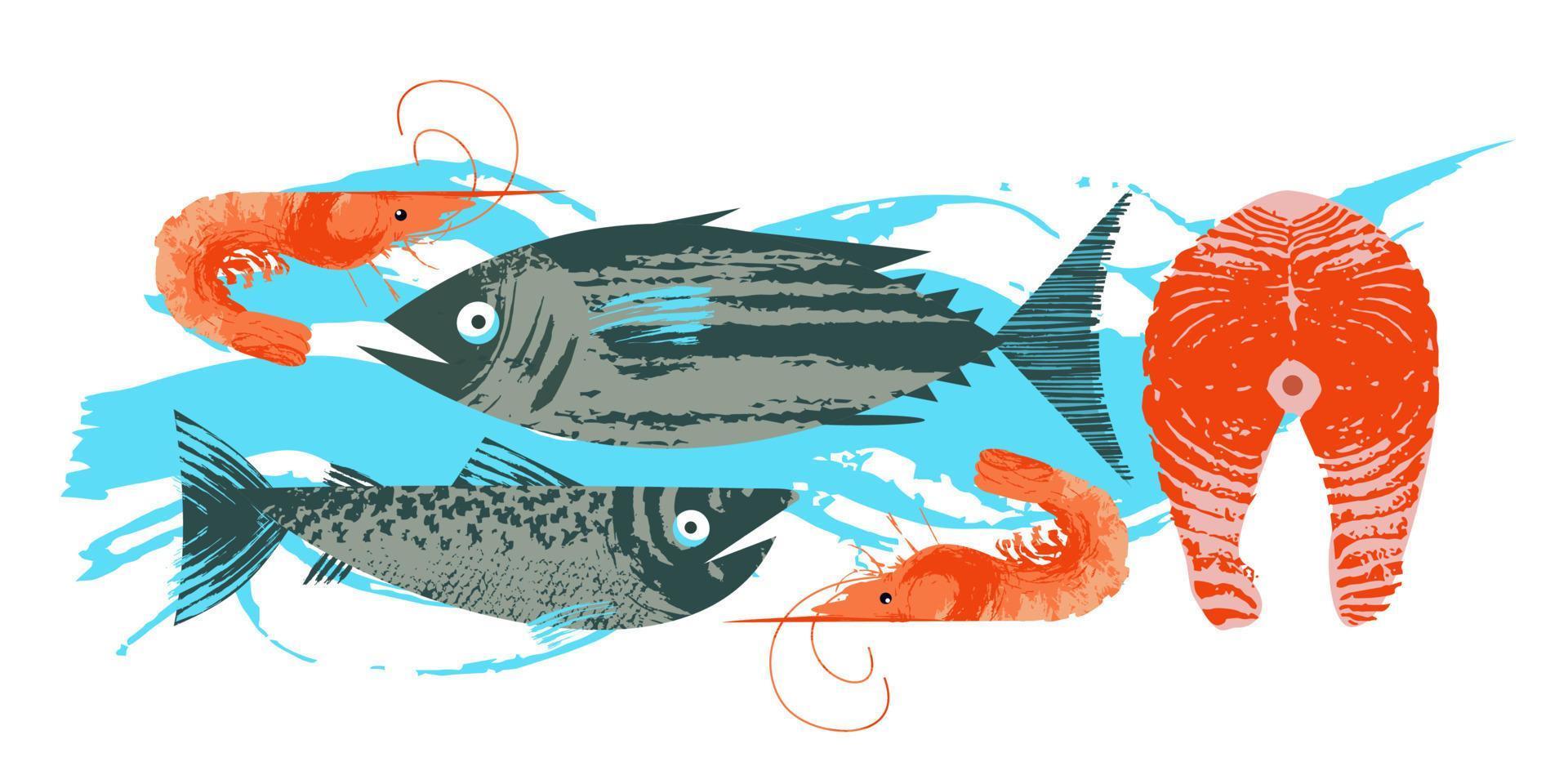 skaldjur. fisk. färgglad vektorillustration, en samling bilder av olika fiskar och räkor med en unik handritad vektorstruktur. vektor
