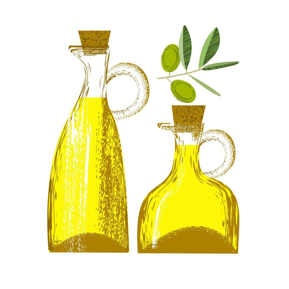 zwei Flaschen Olivenöl. Vektor-Illustration. Textur. Olivenzweig. vektor