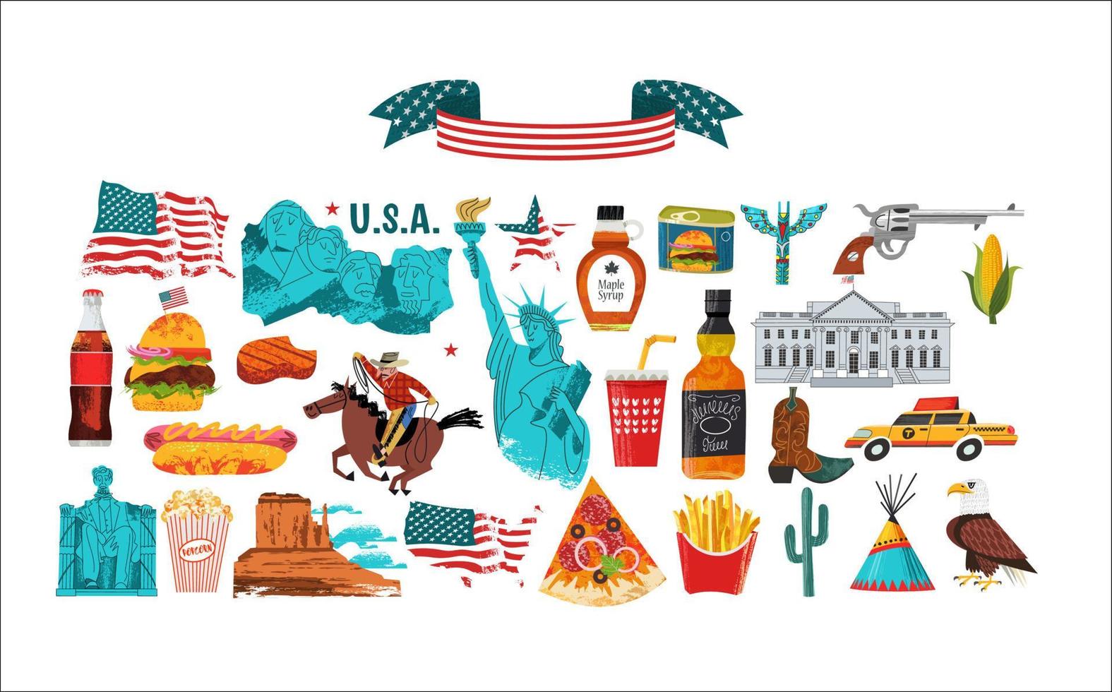 usa. stor samling av föremål, attraktioner, traditioner, souvenirer och mat från Amerika. vektor illustration.