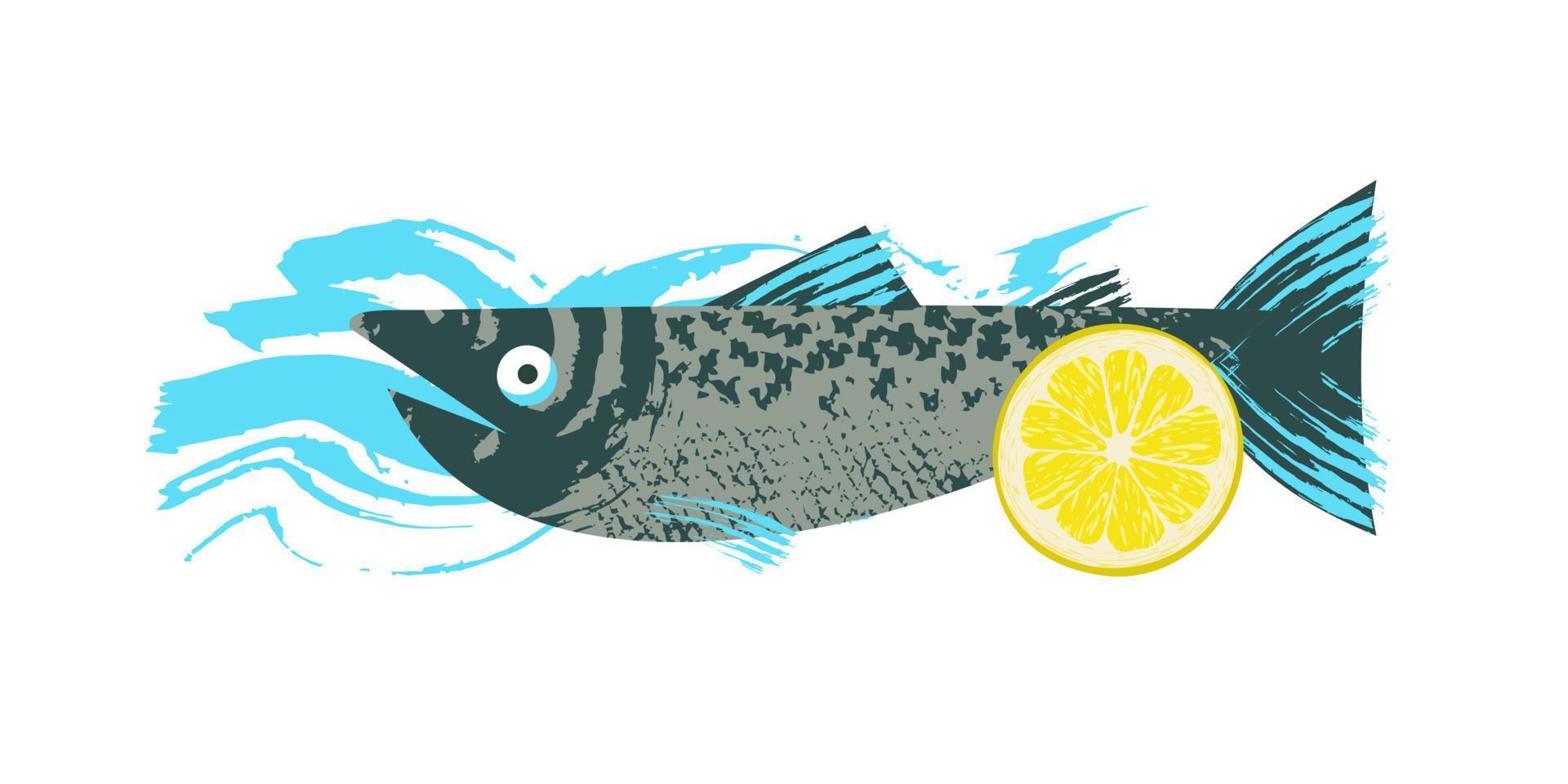 fisk. skaldjur. lax med citronskiva. vektor illustration på vit bakgrund med blå textur våg.