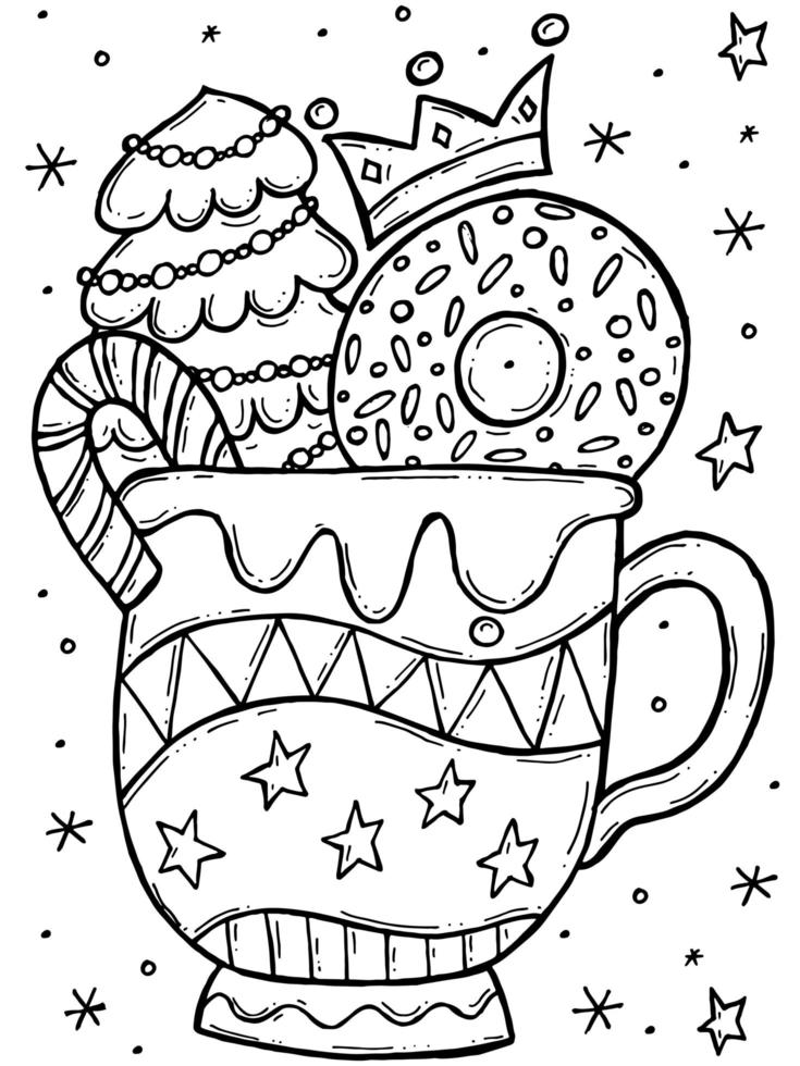 Malbuch für Kinder. handgezeichnete Doodle Winter-Vektor-Illustration. Frohe Weihnachten 2022. Ein Weihnachtsbaum, ein Donut, ein Lutscher und eine Krone in einer Tasse mit Ornament. vektor