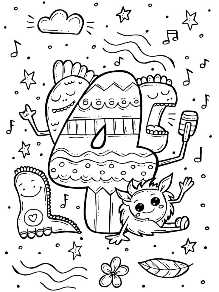 Malbuch für Kinder. handgezeichnete Doodle-Vektor-Illustration mit Zahlen und Tieren. vier süße Dinosaurier-Monster singen und hören Musik. vektor