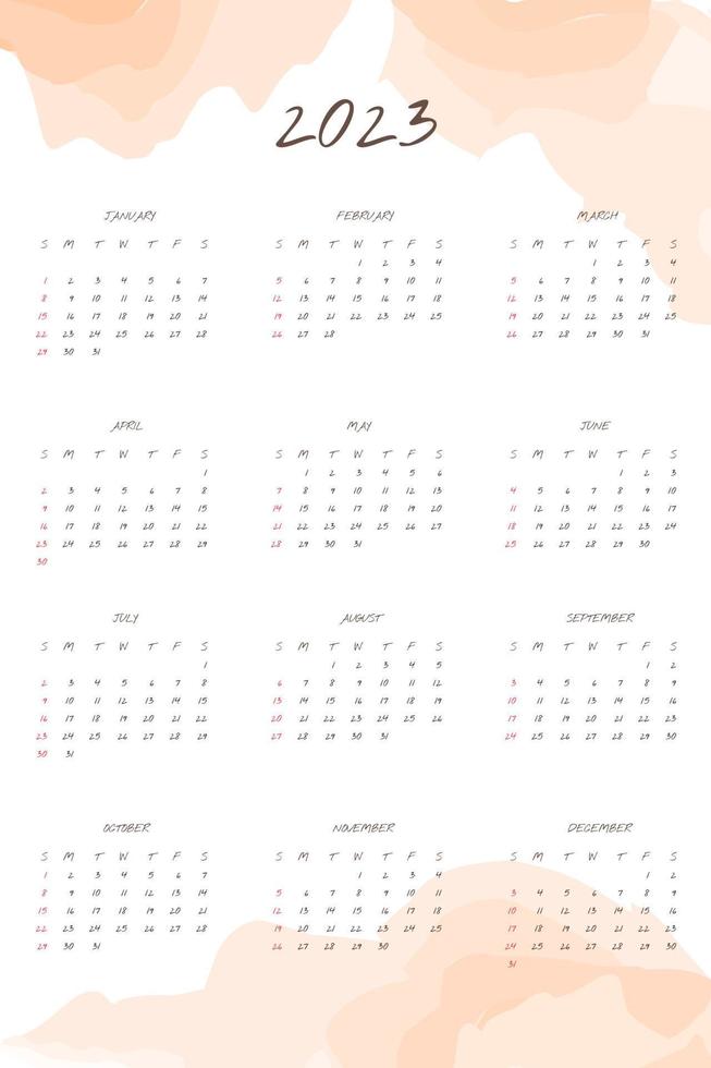 2023-kalender med handskrivet typsnitt och mild abstrakt vattenfärgseffekt. veckan börjar på söndag vektor