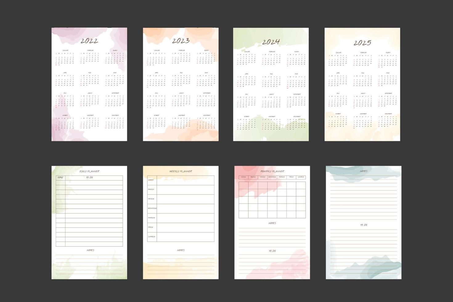 2022 2023 2024 2025 kalender och dagliga veckovisa månadsplanerare med handskrivna teckensnitt och abstrakta vattenfärgsfläckar. veckan börjar på söndag vektor