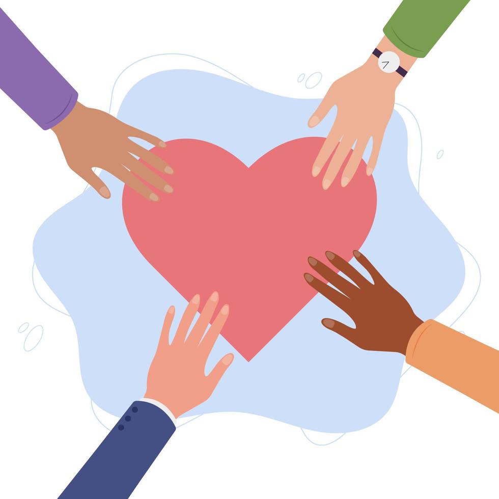 Menschen verschiedener Nationalitäten und Rassen strecken ihre Hände zum Herzen in der Mitte der Vektorgrafik aus. ein Symbol für Liebe, Güte, Dank, Nächstenliebe, Spende, Freiwilligenarbeit und Hoffnung. vektor