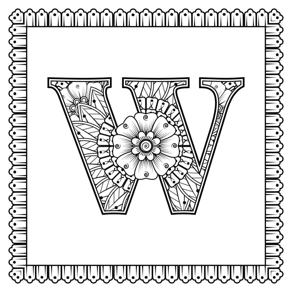Buchstabe w aus Blumen im Mehndi-Stil. Malbuchseite. Umrisse Hand-Draw-Vektor-Illustration. vektor