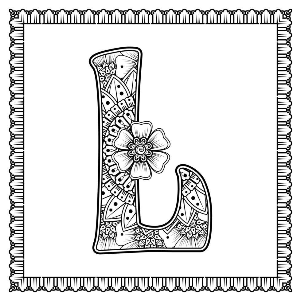 Buchstabe l aus Blumen im Mehndi-Stil. Malbuchseite. Umrisse Hand-Draw-Vektor-Illustration. vektor