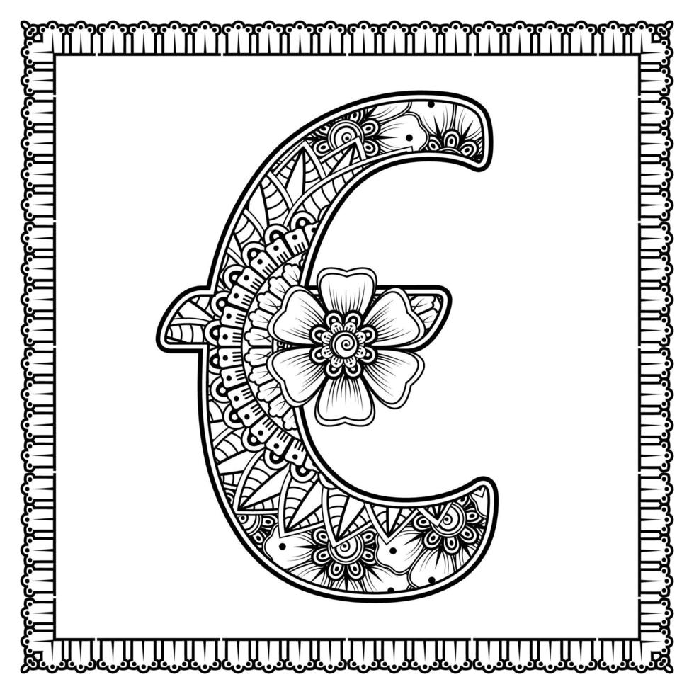 Buchstabe e aus Blumen im Mehndi-Stil. Malbuchseite. Umreißen Sie Hand-Draw-Vektor-Illustration. vektor