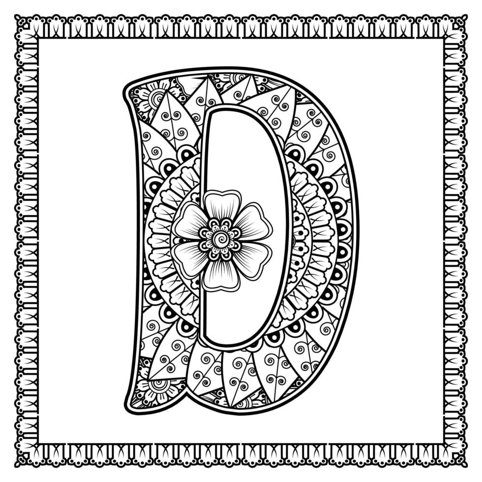 Buchstabe d aus Blumen im Mehndi-Stil. Malbuchseite. Umreißen Sie Hand-Draw-Vektor-Illustration. vektor