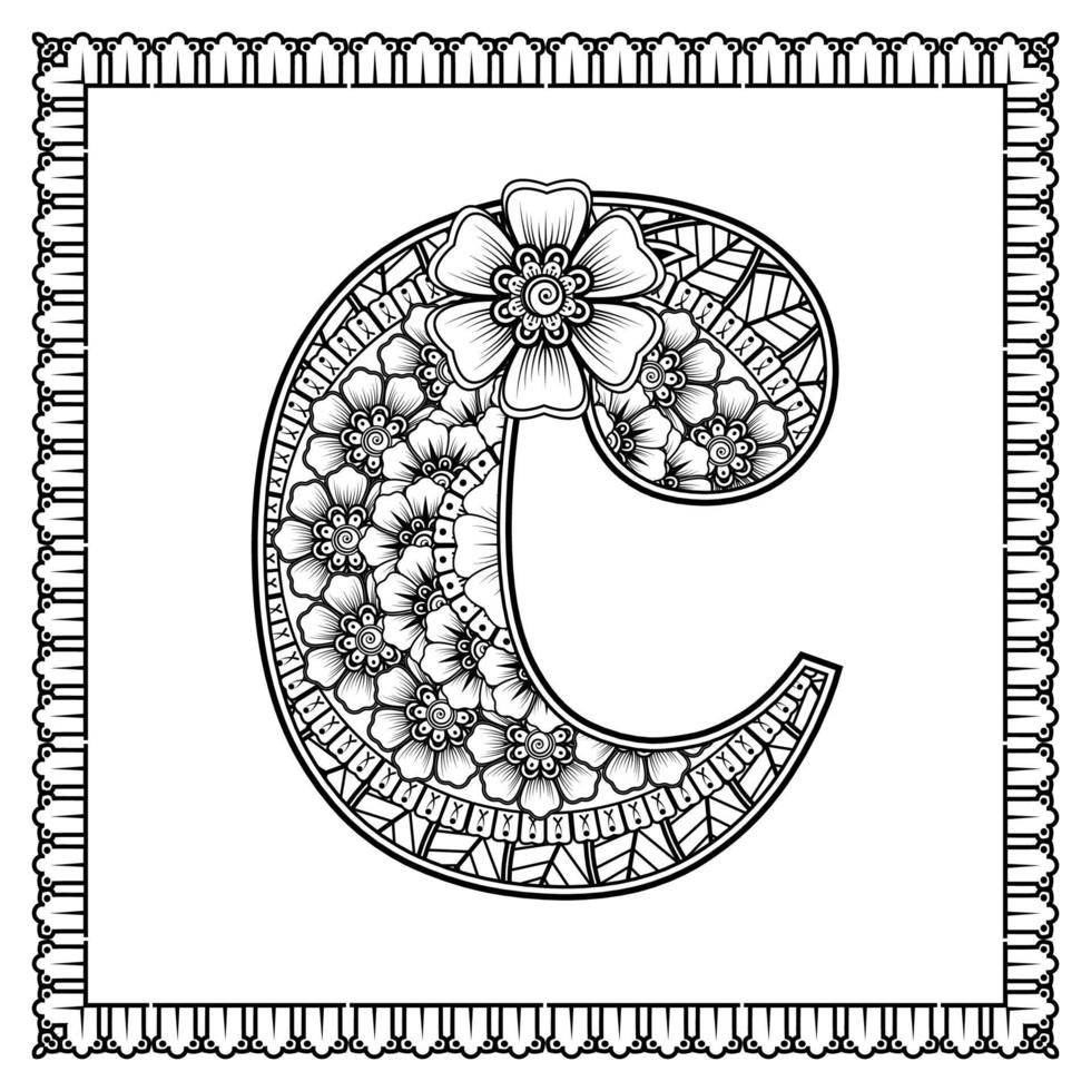 Buchstabe c aus Blumen im Mehndi-Stil. Malbuchseite. Umrisse Hand-Draw-Vektor-Illustration. vektor