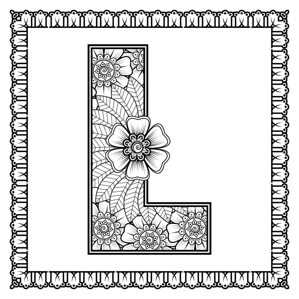 Buchstabe l aus Blumen im Mehndi-Stil. Malbuchseite. Umrisse Hand-Draw-Vektor-Illustration. vektor