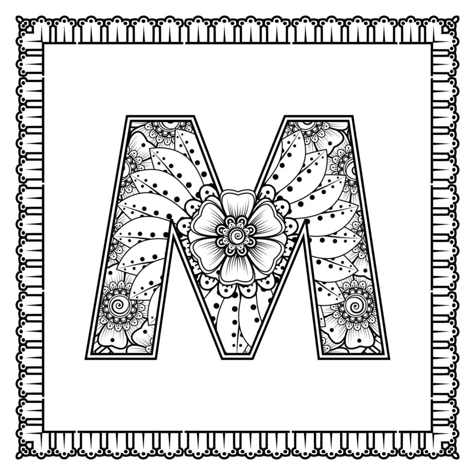 Buchstabe m aus Blumen im Mehndi-Stil. Malbuchseite. Umrisse Hand-Draw-Vektor-Illustration. vektor