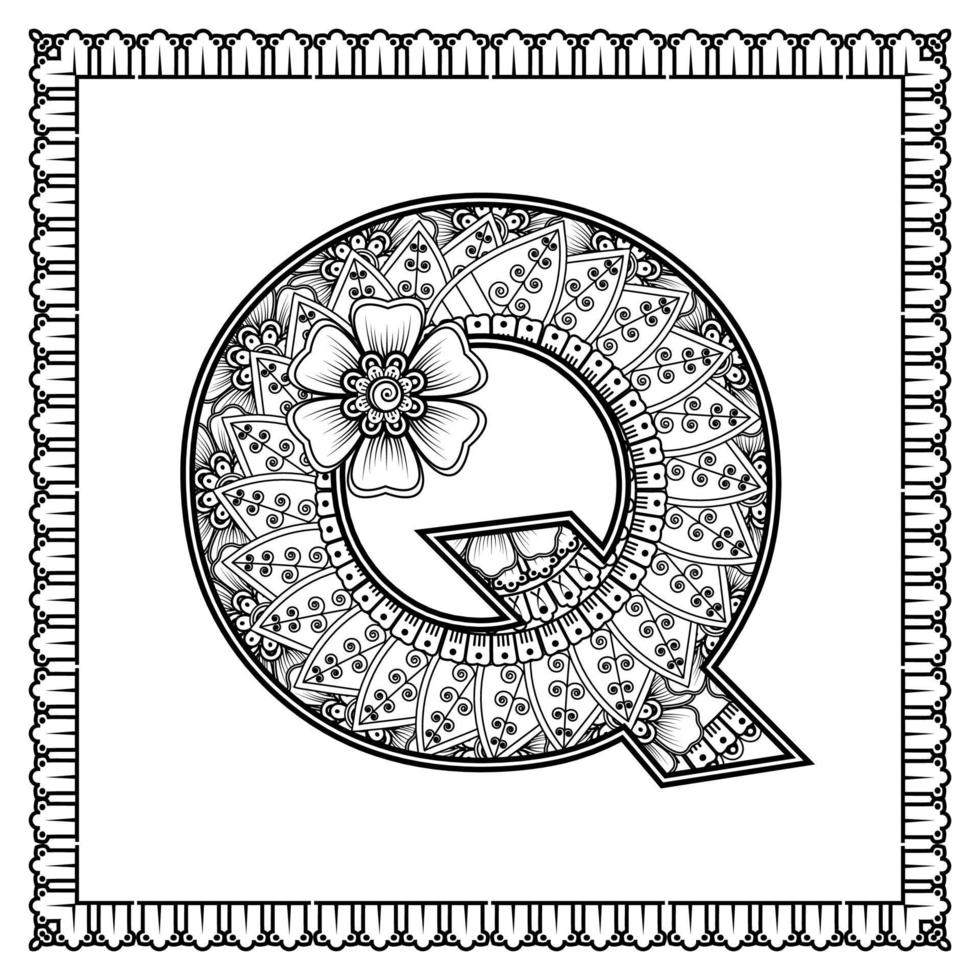 Buchstabe q aus Blumen im Mehndi-Stil. Malbuchseite. Umrisse Hand-Draw-Vektor-Illustration. vektor