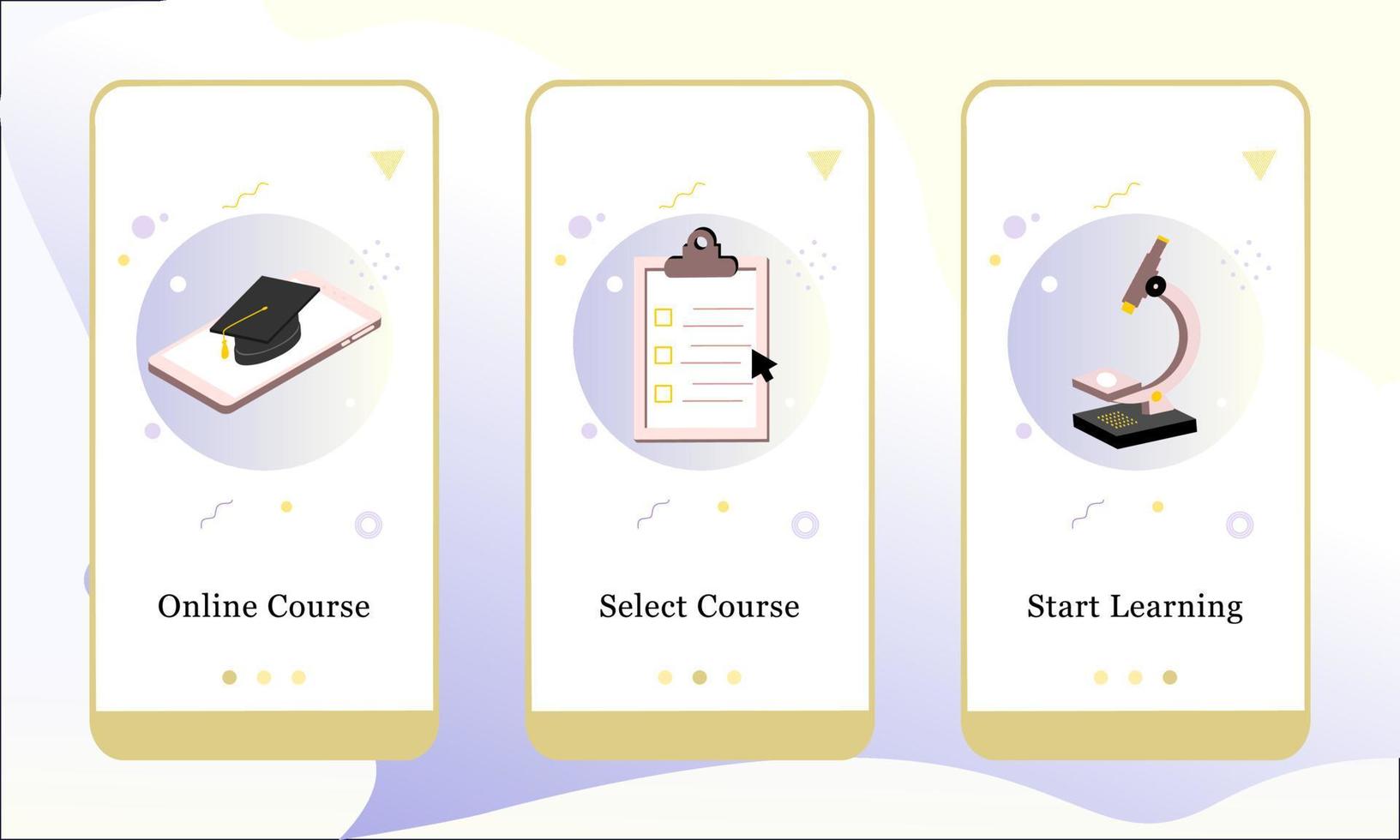 Designvorlagensatz für mobile Anwendungen für Online-Kurs, Kurs auswählen und mit dem Lernen beginnen. ui auf Boarding-Bildschirmen Designkonzept. 3D isometrische moderne Vektorgrafiken für die Benutzeroberfläche. vektor