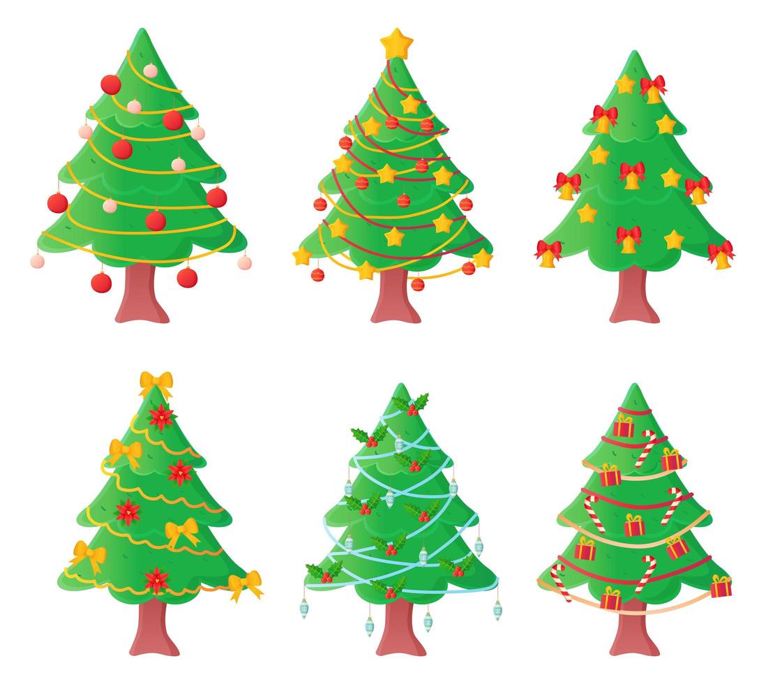 Reihe von hübschen Weihnachtsbäumen verzierte Bälle und Girlanden im Cartoon-Stil. vektor