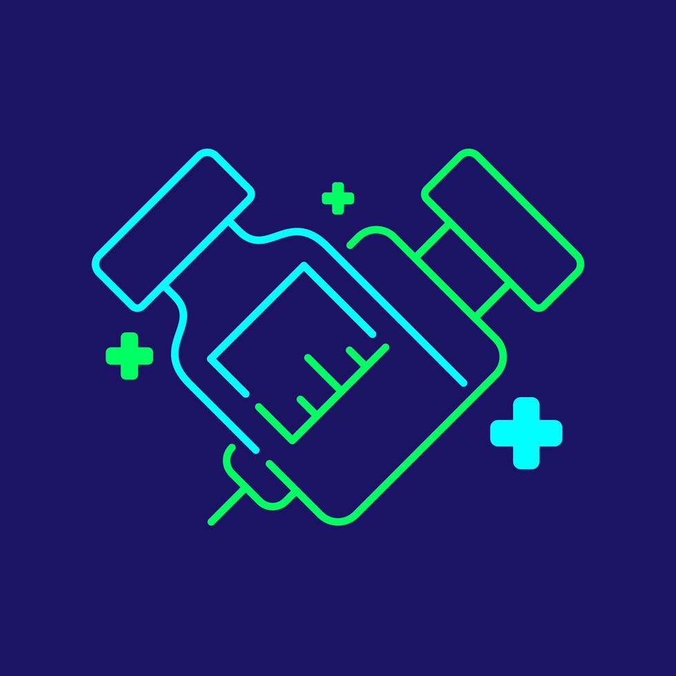 Logo Covid-19 Impfstoffflasche und Spritze mit Kreuzsymbol, Konzeptdesign der Impfkampagne blau, grüne Farbe einzeln auf dunkelblauem Hintergrund vektor
