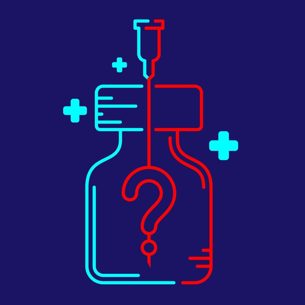 Logo Covid-19 Impfstoff Fragezeichen Symbol in Flasche und Spritzenspitze mit Kreuzsymbol, Impfkampagne Problem Zweifel Konzept Design Illustration blau, rote Farbe einzeln auf dunkelblauem Hintergrund vektor