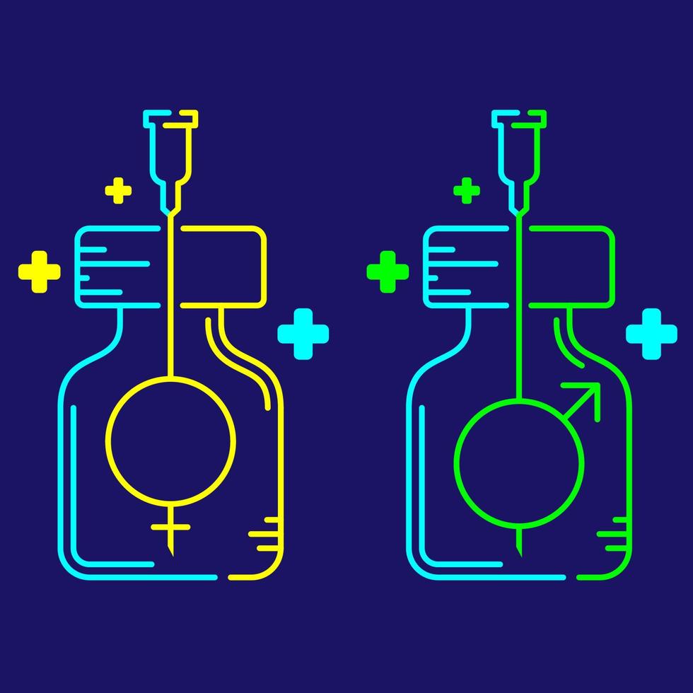 Logo Covid-19 Impfstoff männliches und weibliches Geschlecht Zeichen in Flasche und Spritzenspitze mit Kreuzsymbol, Impfproblem Risiko Nebenwirkungen Abbildung grün, gelbe Farbe einzeln auf dunkelblauem Hintergrund vektor