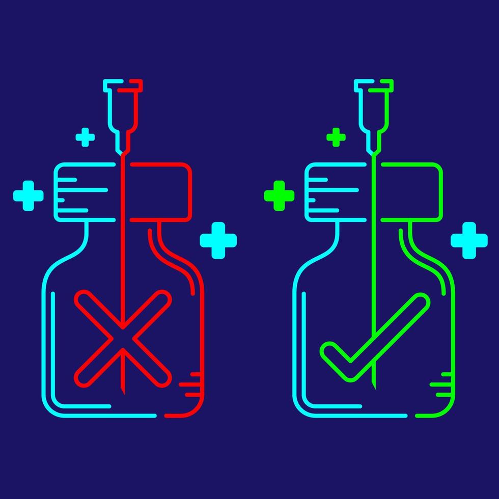 logotyp covid-19 vaccinkors och bock tecken i flaska och sprutspets med kryssikon, risk för vaccinationsbiverkningar rätt och fel val illustration röd grön isolerad på mörkblå bakgrund vektor