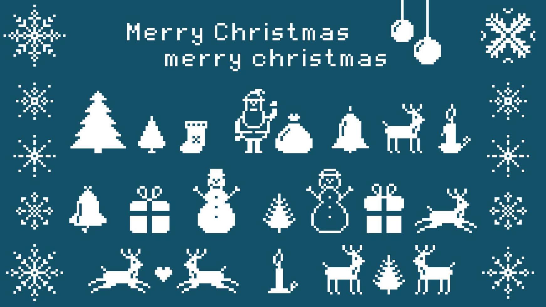 jul pixel set. jultomten med påse med presenter. festliga granar med geometriska nya år snöflingor. brinnande semesterljus med klocka och strumpa vektor
