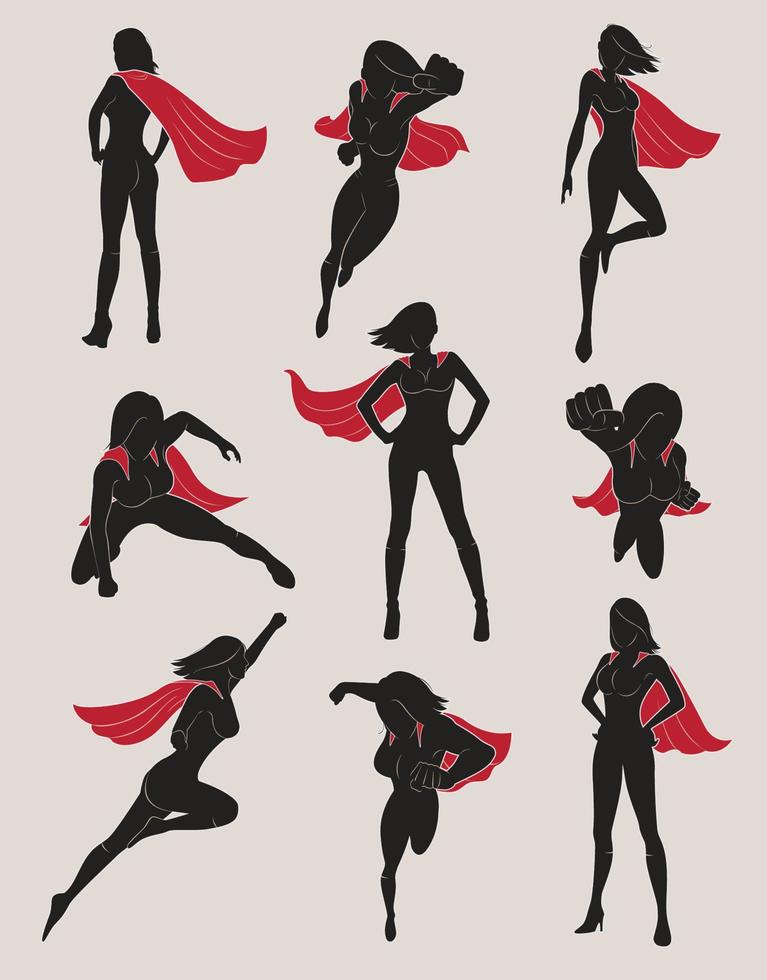 Set weiblicher Superhelden mit rotem Umhang vektor