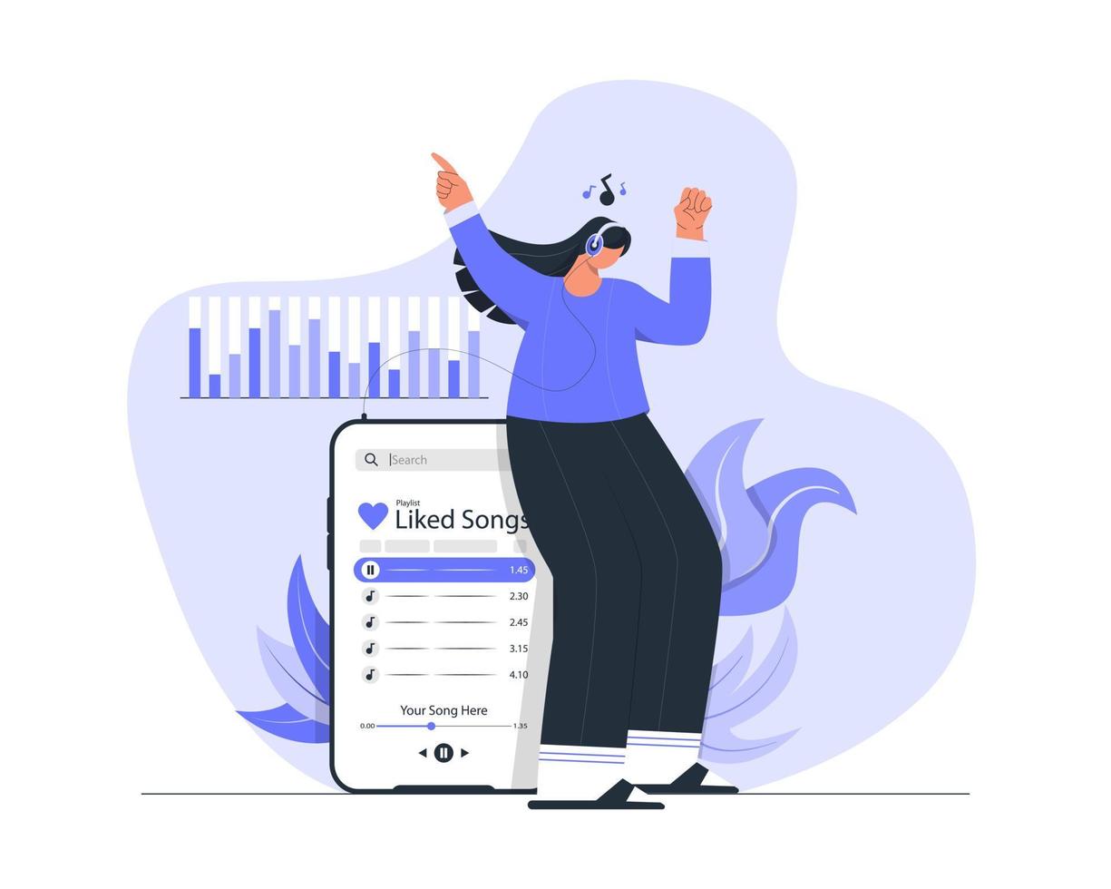 ein mädchen, das kopfhörer trägt und lieder am telefon genießt vektor