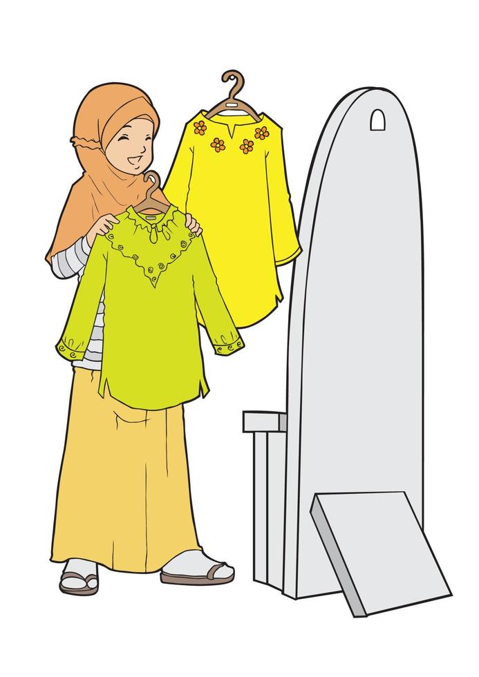 indonesisk muslimsk tjej som provar kläder vektor