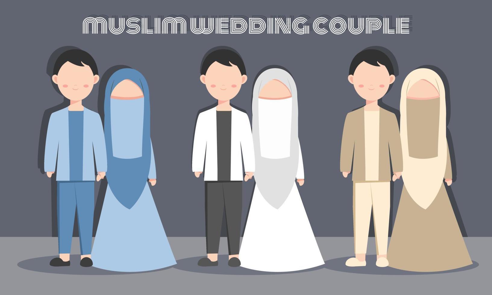 gesichtslose süße muslimische Braut und Bräutigam Zeichensatz mit Kleidern für Hochzeitseinladungskarte oder Vorschlag. Vektor-Illustration im Cartoon eines verliebten Paares vektor