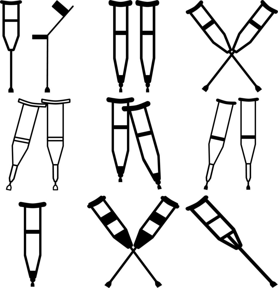 Satz Krücken. Achselkrücke schwarzes Symbol. medizinisches Werkzeug für Menschen mit Behinderungen und Hilfe nach Verletzungen. Zeichen für Webseite, mobile App, Schaltfläche, Logo. Vektor isolierte Schaltfläche. editierbarer Strich.