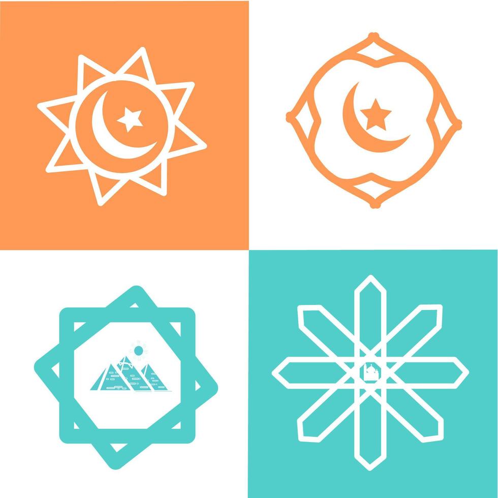 geometrisk logotyp malluppsättning. vektor cirkulära arabiska dekorativa symboler med måne, stjärna, pyramid och moské på den vita, gröna och orange bakgrunden. elegant prydnad mönster vektor