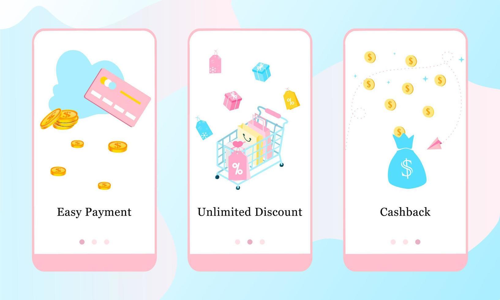 Shopping Sale Store Mobile App-Seite Onboard-Bildschirmsatz. Anwendungsdesign-Set für einfache Zahlung, unbegrenzten Rabatt und Cashback. ui auf Boarding-Bildschirmen-Design. mobile App-Vorlage Vektor-Illustration vektor