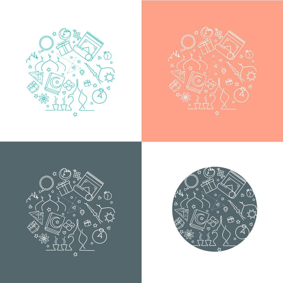 islamisk linje ikoner som cirkulär formad. ramadan kareem ikoner symboler i cirkelmönster. modern vektorillustration av islamiska ikoner för webbsidamall, tryckta medier, banner, bakgrund, affisch. vektor