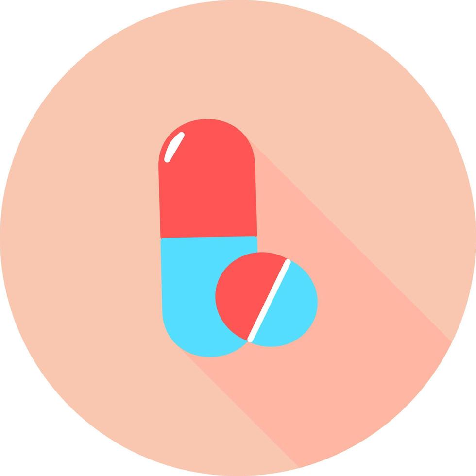 medicinsk piller i cirkel ikon med långa skuggor. medicin, apotek, läkemedelssjukhus. medicinering, läkemedelskoncept. vektor illustration. droger platt ikon. piller, kapsel. sjukvård medicin ikon.