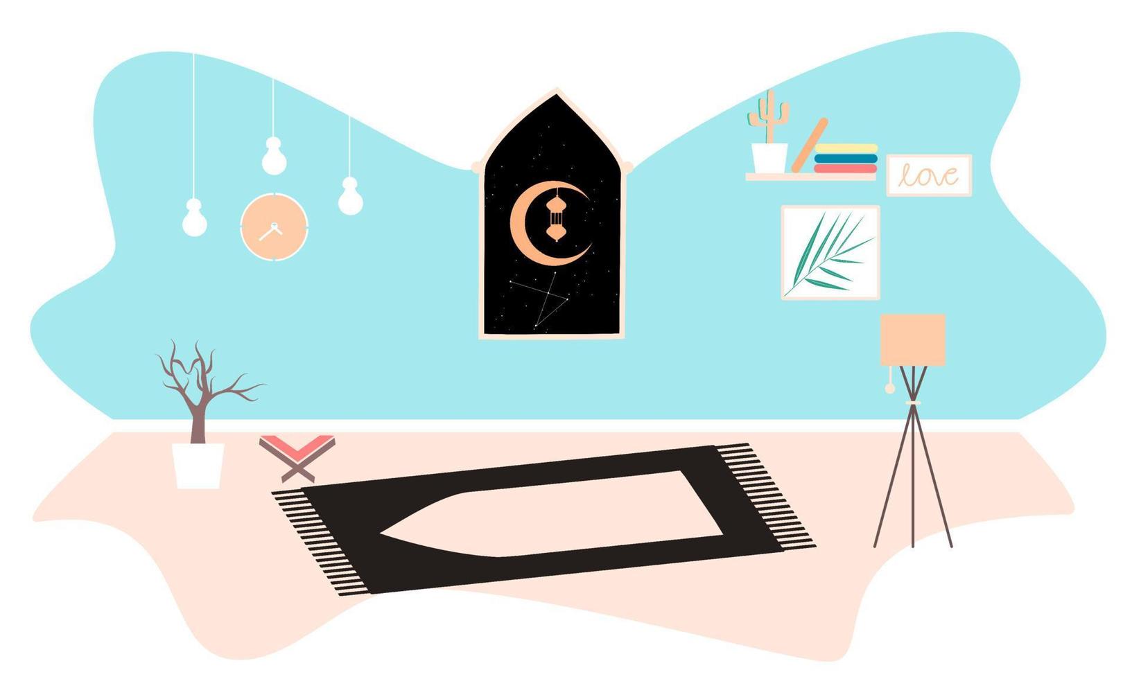 Beten und beten Sie im Zimmer zu Hause für das Ramadan-Konzept auf der Landingpage an. Wohnkultur Uhr, Topf, Foto, Lampe, Fenster, Buch und heiliger Koran. geeignet für Hintergrund, Filmmaterial Animation, Motion Graphics vektor