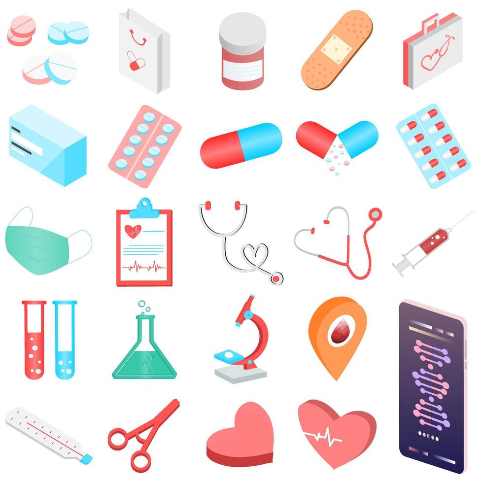 uppsättning av isolerad medicinsk sjukvård. isometrisk ikon för första hjälpen barn verktyg, föremål av medicinsk akut box, termometer, drog, piller, gips, bandage, medicin, spruta, piller, ansiktsmask, labb, hjärta. vektor